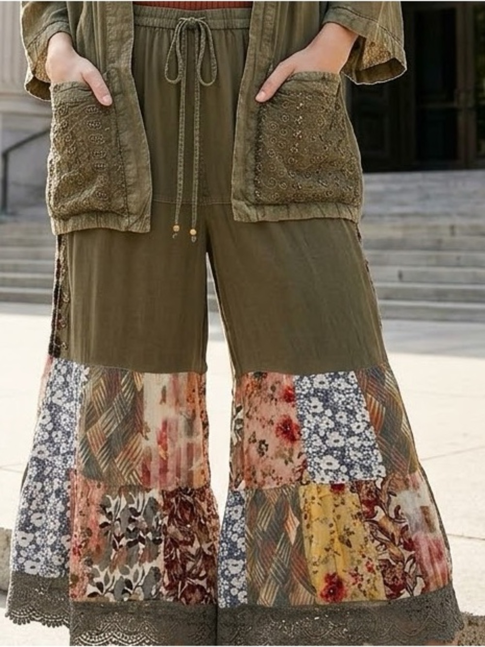 NEW Olive Patchwork Wide-Leg Boho Pants with Drawstring
